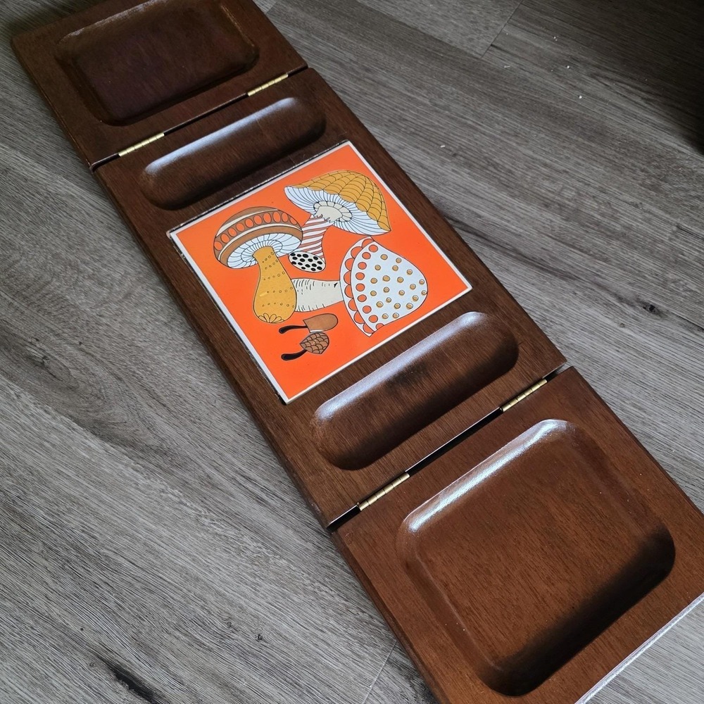 VTG Imperial Wood & Tile‎ 24" Cheeseboard Charcuterie Merry Mushroom Style Japan